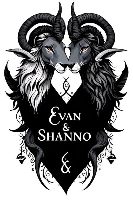 "Evan & Shannon" leo and Capricorn zodiac signs intertwined with elements tattoo design idea