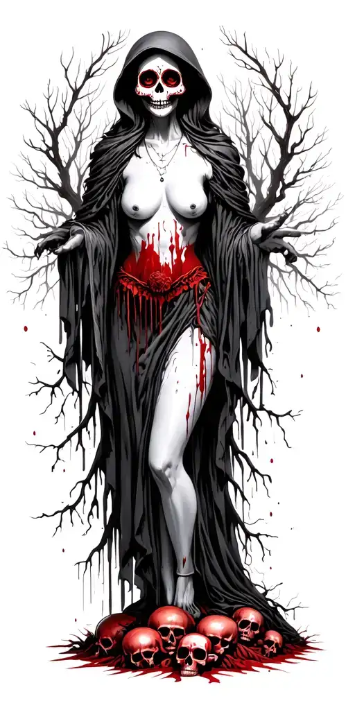 topless female grim reaper full body with a sugar skull painted face standing on a pile of bloody skulls in the woods tattoo design idea