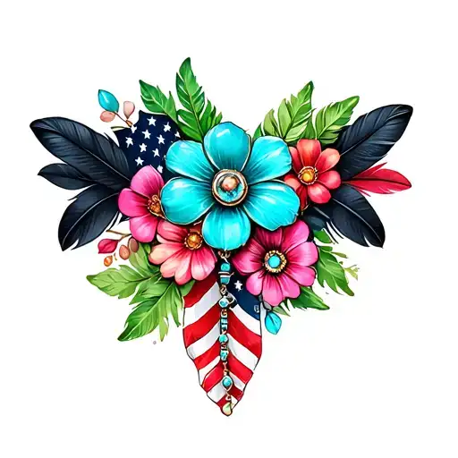 black feathers, colored feathers, american flag, green leaves, one brooch turquoise jewelry, flowers tattoo design idea
