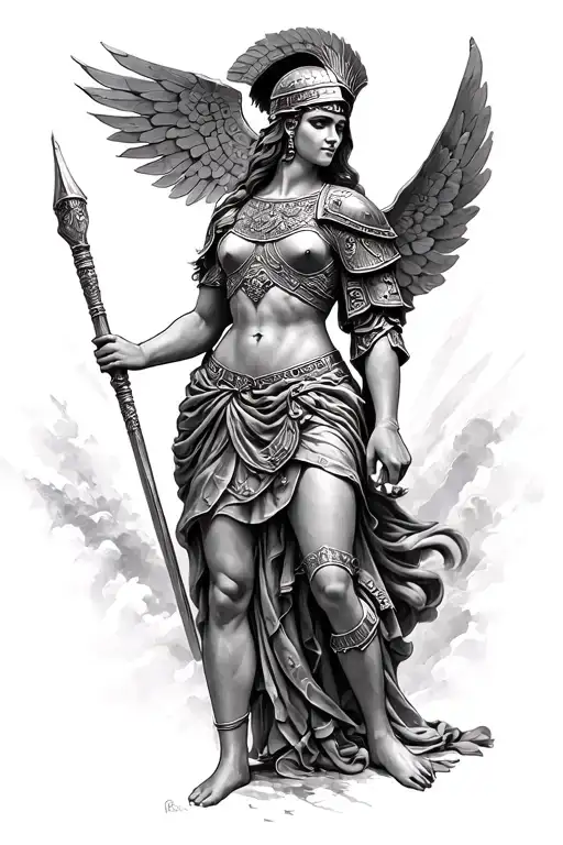 Highly detailed black and grey tattoo design of the Greek goddess Athena, depicted in classical armor with helmet, shiel tattoo design idea