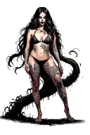 Sexy girl, petite, big boobs, wide hips, bikini . long hair,sexual. Seductive. Full Body, standing with legs and feet tattoo design idea