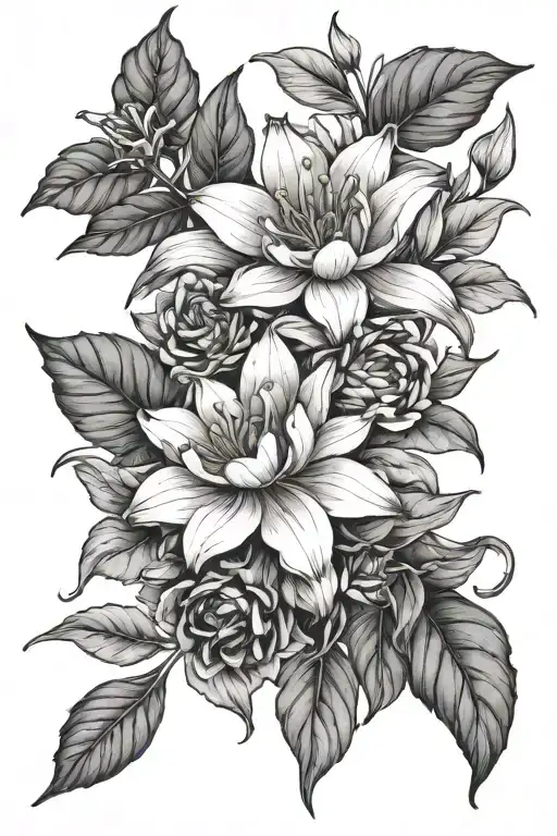 line art floral wrap with 1 holly, water lily, daffodil, Daisy, Chrysanthemum, Rose, Iris, and Lily of the Valley  tattoo design idea