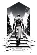 An lean warrior walking up destroyed steps geometric background towards a better future. Seen from behind tattoo design idea