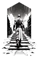 An lean warrior walking up destroyed steps geometric background towards a better future. Seen from behind tattoo design idea