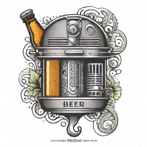 A tattoo design of a beer bottle and a BBQ grill combined into a unique and intricate pattern tattoo design idea