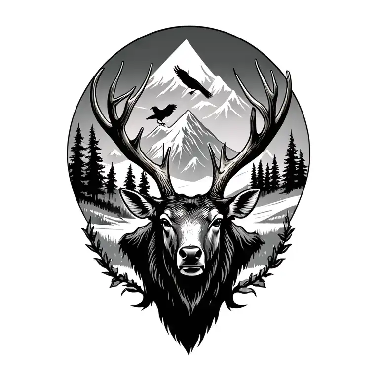 elk head with trees and mountains and crows tattoo design idea