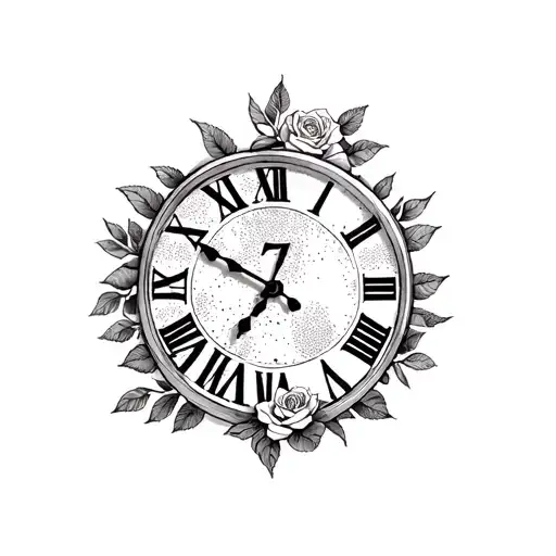 black and white bicep tattoo of a clock with a little bit of line art and roses around it. include roman numerals for 7/ tattoo design idea