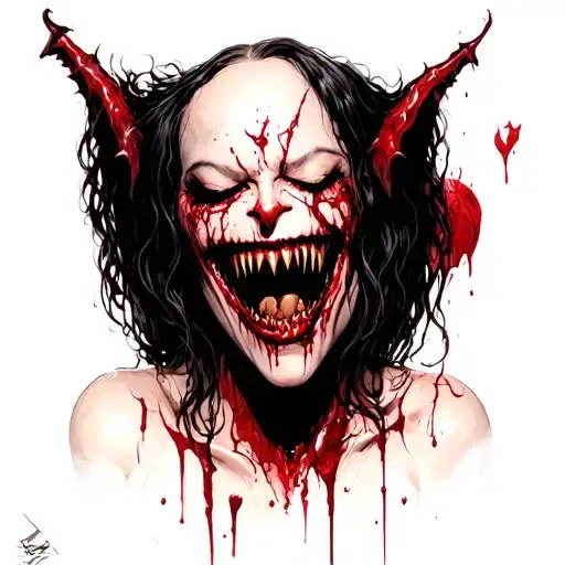 sexy vampire, huge nude boobs, enticing smile, bloody fangs tattoo design idea