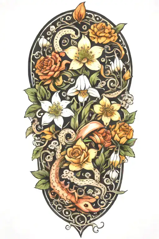 snowdrops, rose, marigold, daffodil, octopus tenticals tattoo design idea