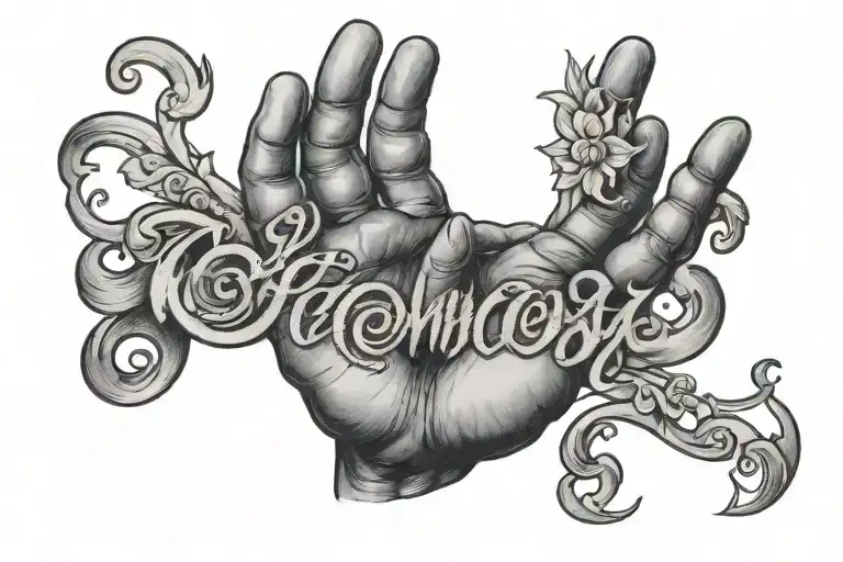 Tattoo on the side of the hand in cursive Colombian script with shading and design tattoo design idea