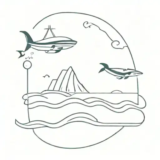 small cruise ship with waves and dolphins around  tattoo design idea