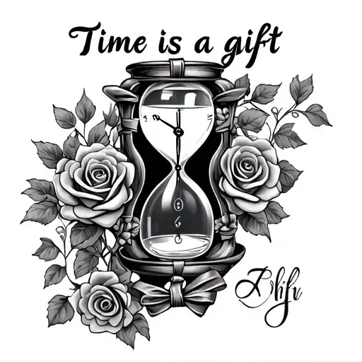 "Time is a gift" a vine of roses wrapped around an hour glass with a few bows with the vines tattoo design idea