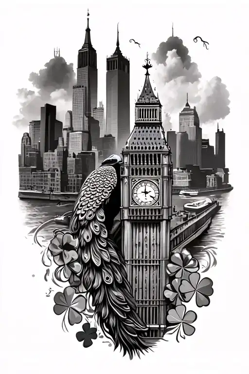 sleeve with Big Ben, peacock, New York skyline, Chicago bean, and a 4 leaf clover tattoo design idea
