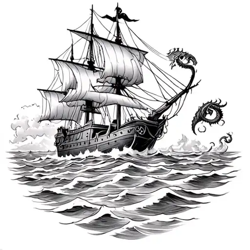 a old pirate ship fighting the kraken emerging tattoo design idea