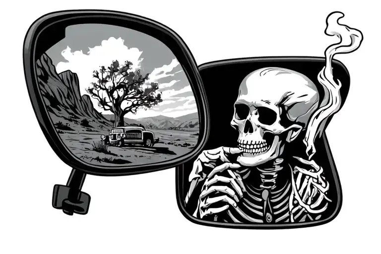 rear view mirror with skeleton looking in the corner of the mirror smoking. joint, with a 60s western landscape and aest tattoo design idea