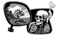 rear view mirror with skeleton looking in the corner of the mirror smoking. joint, with a 60s western landscape and aest tattoo design idea