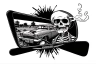 rear view mirror with skeleton looking in the corner of the mirror smoking. joint, with a 60s western landscape and aest tattoo design idea