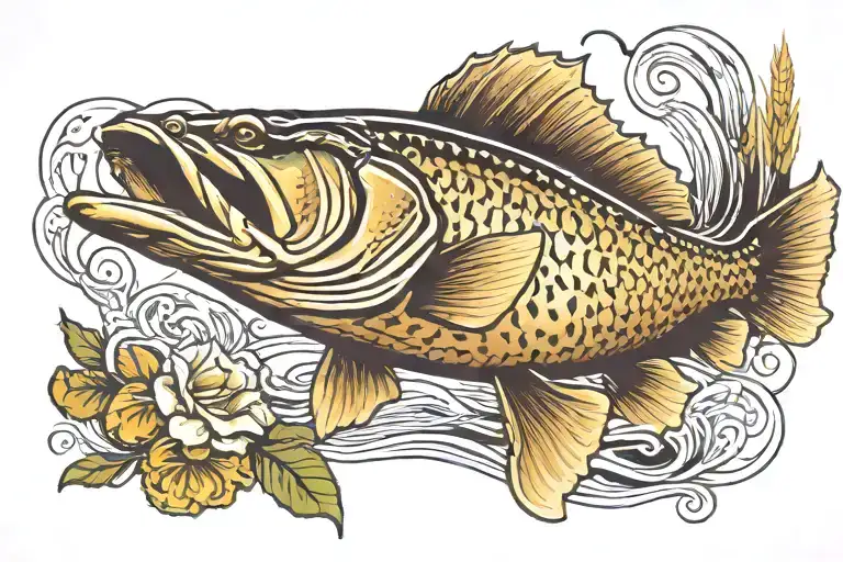 buck, large mouth bass next to a duck flying tattoo design idea