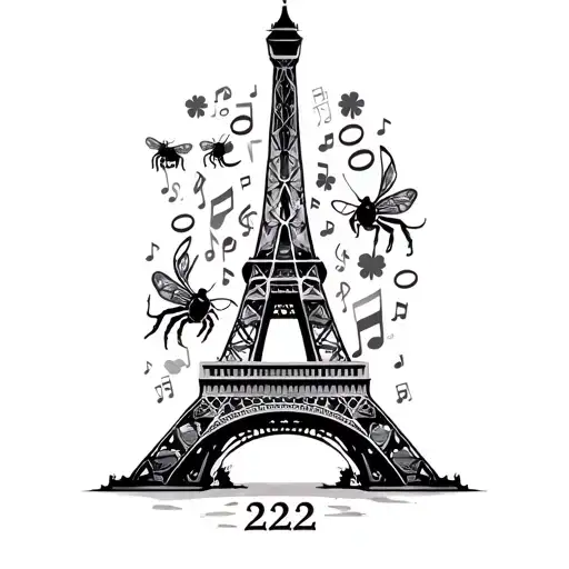 eiffel tower surrounded by musical notes, bumble bees,4leaf clover, wedding rings, scorpion, crab, 222 infinite symbol,  tattoo design idea