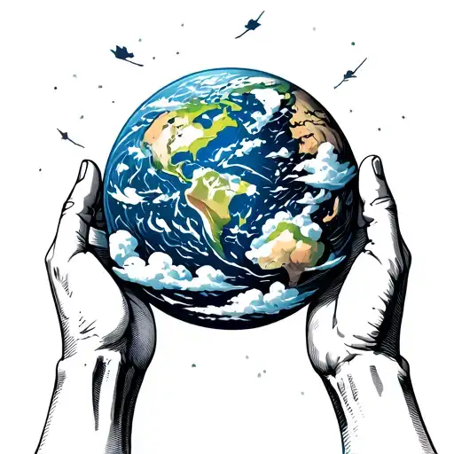 Hands holding onto the earth with clouds underneath the hands  tattoo design idea