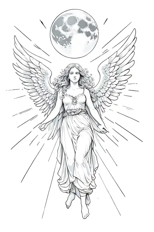 Angel with resting wings and sun beams shining full moon tattoo design idea