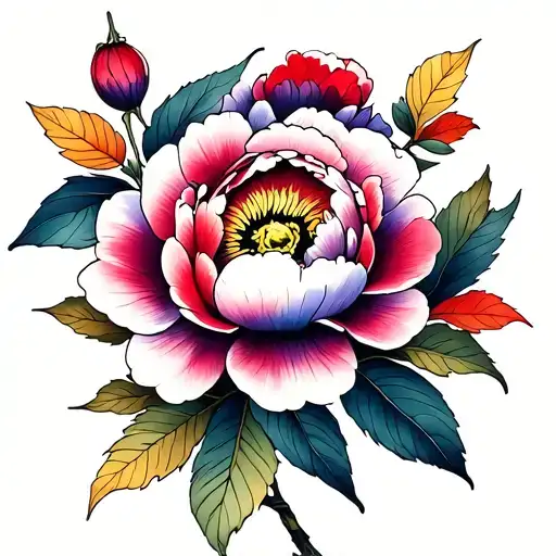 small Japanese style peony flower with pinks reds purple and yellow with fall leaves tattoo design idea