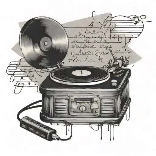 record player surrounded by lyrics written tattoo design idea
