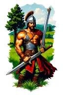 Sicilian warrior, muscular, wielding his sword, with a medieval helmet, with green grass and trees in the background tattoo design idea