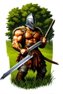 Sicilian warrior, muscular, wielding his sword, with a medieval helmet, with green grass and trees in the background tattoo design idea