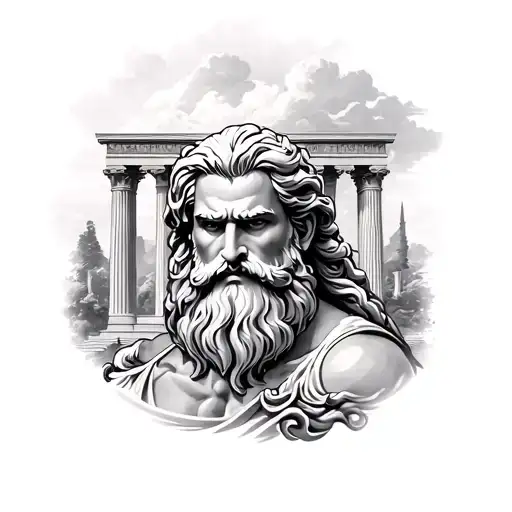 A full sleeve tattoo from shoulder to wrist featuring Zeus with a large beard in the background, a Greek temple, and at  tattoo design idea