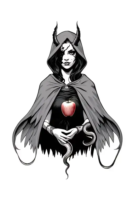 portrait style half angel half evil woman face wearing a cloak holding and apple with a snake tattoo design idea