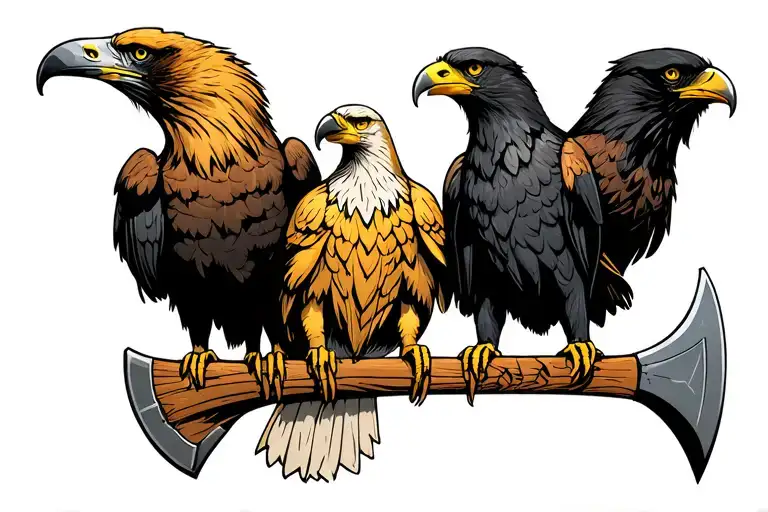 three birds sitting on horizontal viking axe. Birds are golden eagle, bald eagle, raven. Nordic tattoo design idea