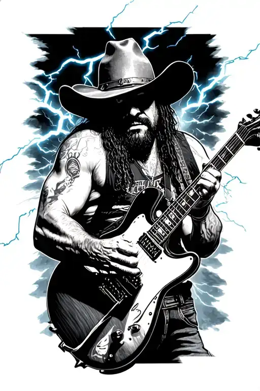 dimebag Darrell with dean guitar and lightning throw the sky in cowboy style tattoo design idea