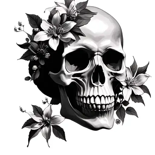 skull with clematis flowers tattoo design idea
