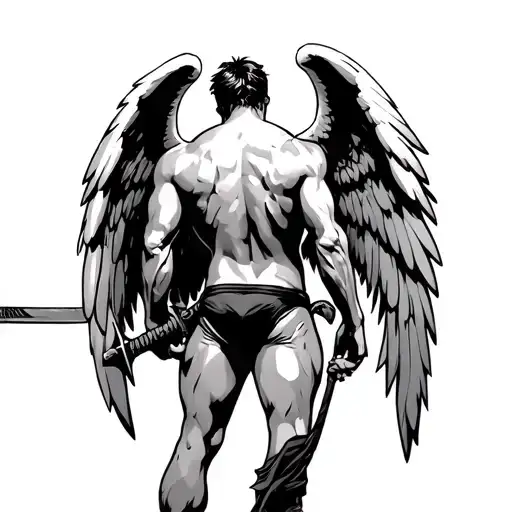 muscular male angel from behind wearing a thong and holding a sword tattoo design idea