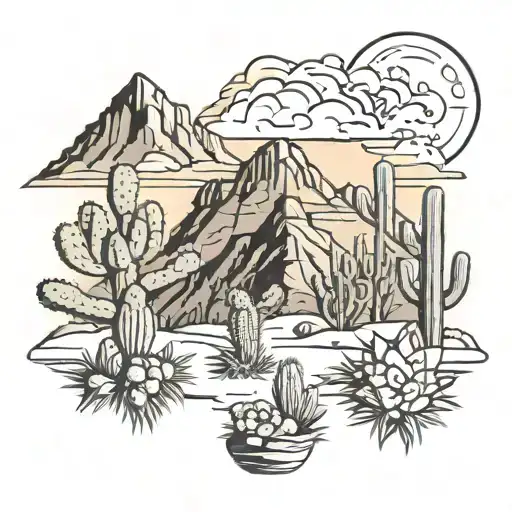 Traditional Desert & Mountain Tattoo Design. With Desert Elements:Cacti: Saguaro or Yucca could be part of the backgro tattoo design idea