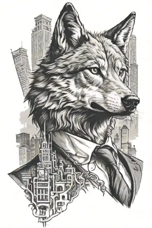 wolf wearing a suit and tie design incorporating elements of a wall street new york buildings tattoo design idea