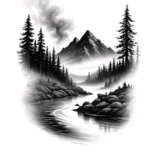 blurry mountain and trees, river with rough shading border design with smoke black and white tattoo design idea