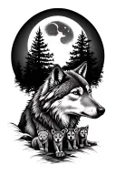 wolf with moon in back with two cubs and trees tattoo design idea