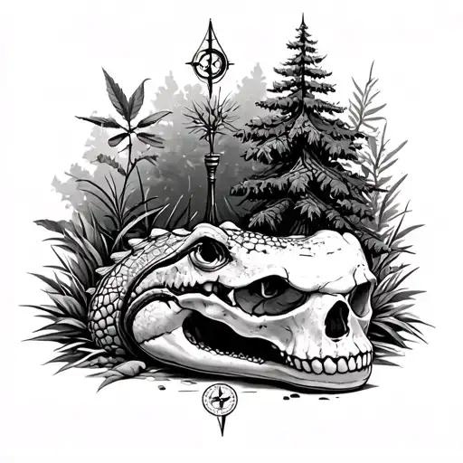 Barbie wire  with compass and and pine tree and plants with gator skull  tattoo design idea