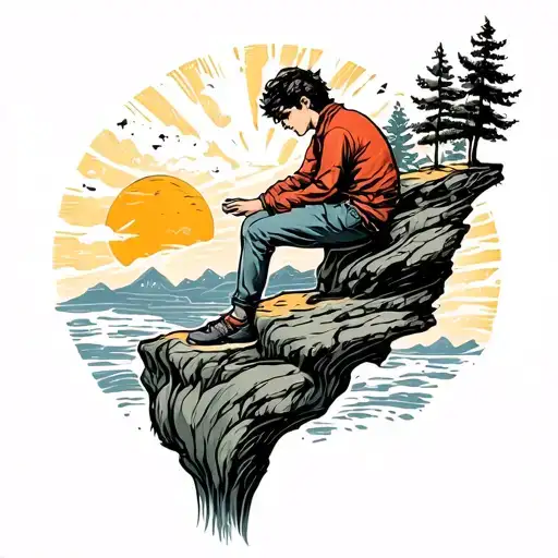 melancholic boy sitting on a cliff and sky sunnshine tattoo design idea