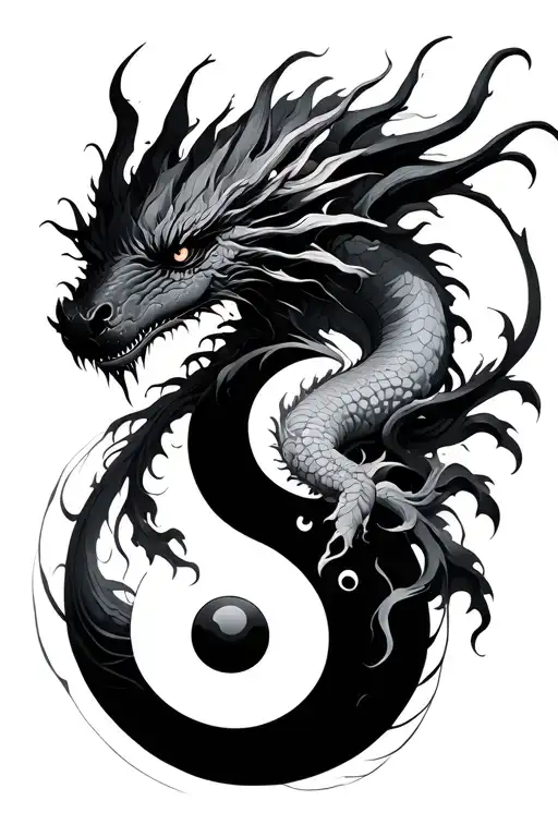 horror, dragon, yin and yang, dark feminine tattoo design idea