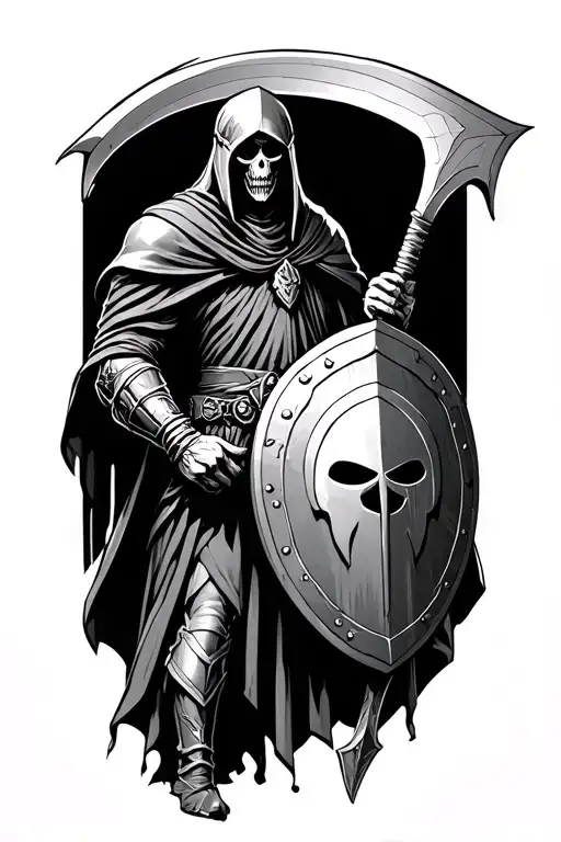 grim reaper holding a spartan shield in one hand and a scythe in another. also, wearing a spartan helmet.  tattoo design idea