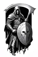 grim reaper holding a spartan shield in one hand and a scythe in another. also, wearing a spartan helmet.  tattoo design idea