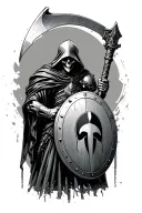 grim reaper holding a spartan shield in one hand and a scythe in another. also, wearing a spartan helmet.  tattoo design idea