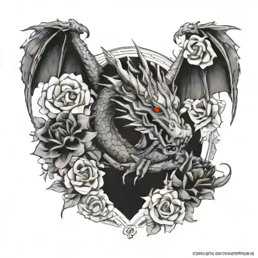 Can you design black and white upper thigh tattoo of a dragon lay on a bed of flowers and book pages tattoo design idea