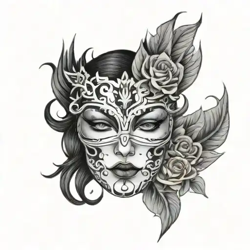 full face mask with cracks and flower and crown and lightning feminine tattoo design idea