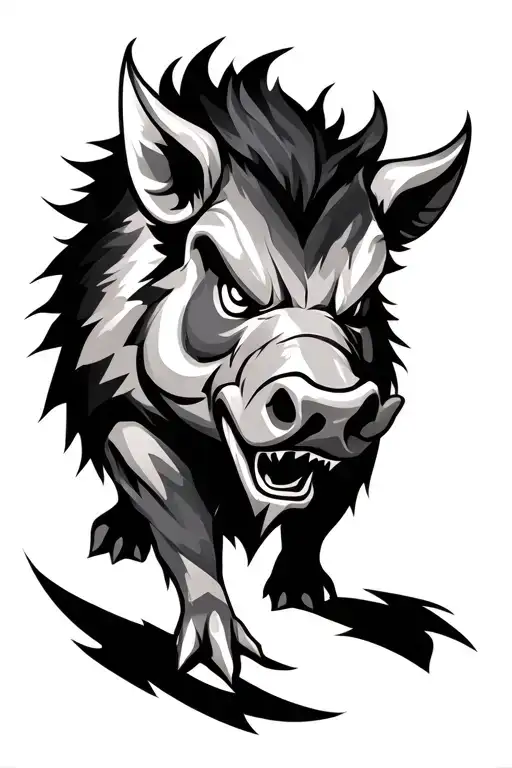 A modern stylized Japanese boar tattoo design, mid-charge with fierce eyes and large tusks, depicted in a low-poly or se tattoo design idea