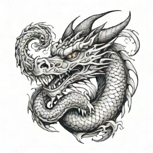 dragon holding pearl face forward fine line tattoo design idea