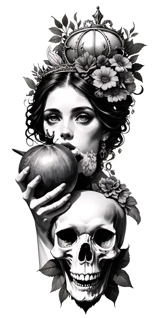 Persephone holding a pomegranate, Cerberus dog , skull heads , flowers, metal crown  tattoo design idea